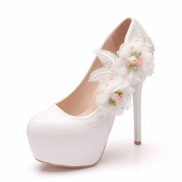 Dress Shoes Crystal Queen Fashion Wedding Lace Flowers Bridal High Heels Women Party White Sweety 14cm Pumps Plus Size H240409 7DFG