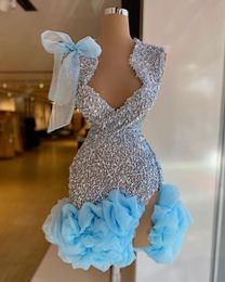 Lake blue sequins Cocktail Dress ruffle skirt bottom Short mini prom dress Backless party homecoming graduation dresses for special occasion