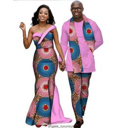 African Dresses for Women Bazin Riche Mens Shirt and Pant Sets Lover Couples Clothing Print Long Dress African Clothing WYQ139