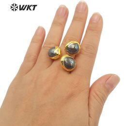 WT-MPR026 WKT 2023 Restoring Ancient Ways Natural Black Pearl Style Triple Stone Ring Three Ball Gold Plated Women's