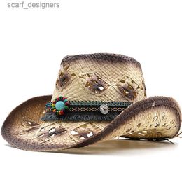 Wide Brim Hats Bucket Hats New Summer khaki Paint Spraying Lafite Straw Cowboy Hats Summer Men Women Wide Brim Sun Protection Hat Panama Beach Cap Adult Y240409