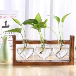 Vases Wooden Frame Glass Vase Hydroponic Plant Vintage Flower Pot Table Desktop Bonsai Heart Shape Home Decoration Wedding