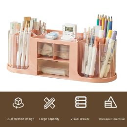 Work Desk Accessory Rotatable Transparent Desk Organiser with Drawer Capacity Pen Holder Storage Box for Pencils Pens Office