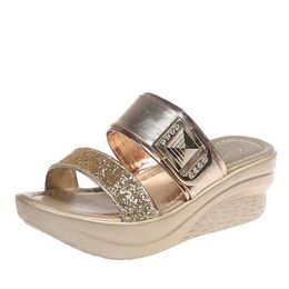 Slippers Women Sequin Sandal Summer Retro High Heel Wedge Fashion Outdoor Bright Leather Comfort Peep Toe Casual Sandals H240409 BE26