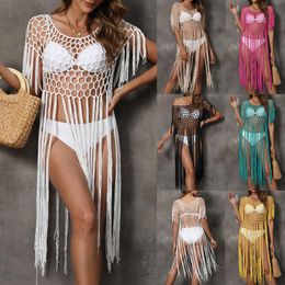 Women's Swimwear Tassel Crochet Mesh Women Bikini Cover Ups 2024 Summer Holiday Beach Bathing Suit Sexy Hollow Out Beach Cover Up Beachwear