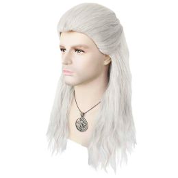 Geralt Wig Long Water Wave Silver White Wigs With Badge Metal Pendant Slice Back Styled Hair Cosplay Wigs + Wig Cap