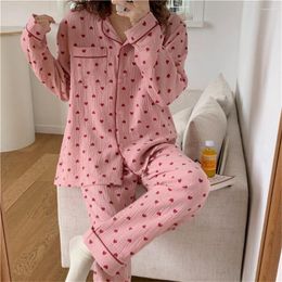 Home Clothing Alien Kitty Clothes Printed Hearts Loose Linen Casual Women Autumn 2024 Sweet Chic Sleepwear Long Sleeves Pajamas Sets