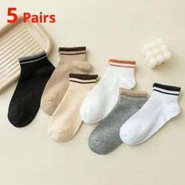 Women Socks 5 Pairs Summer Short Thin Four Seasons Solid Colour Double Stripe Boat Sports Ins Trendy