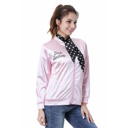 Movie Grease Cosplay Adult Female Pink Lady Costume Retro Trench Satin Coat Jacket Halloween Cosplay Solid Cheerleader Tracksuit