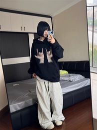 American Retro Love You Gesture Plush Hooded Sweater Fashion Brand Men's and Women's Loose Couple with Hat Finger Black Top XS-3XL