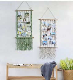 Tapestries Bohemian Macrame Wall Hanging Po Card Display Pictures Organizer With Wood Clips Handmade Woven Tapestry Home Decor