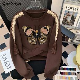 Women's Hoodies Sweatshirts Women Embroidery Bufferfly Retro Thick Warm Fashion Short Chic Streetwear O-neck Elegant Korean Style All-match