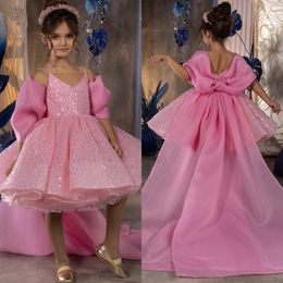 Pink high low Flower Girls Dresses straps sequins girl Pageant Gowns Kids First Communion Dress Back bow Kids Formal Wear