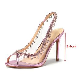 Dress Shoes Luxury crystal pendant strap womens pump sexy diaper toe transparent PVC thin high heels spring and autumn party wedding shoes H240409 BU01