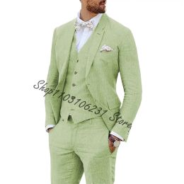 Tailor-made Beach Linen Suits For Men Slim Fit Prom Party Wedding Best Men Groom Tuxedos Blazer Vest Pants 3 Piece Costume Homme