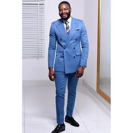 Men Clothing Blue Suit Double Breasted Peaked Lapel Formal Blazer 2 Piece Jacket Pants Full Set Smart Casual Office Outfits