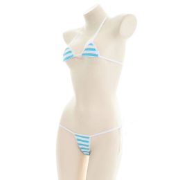 Sexy Bikini Set Women Underwear Pink Blue Stripe Cute Lingerie Micro Bikinis Swimwear Japanese Schoolgirl Anime Cosplay Costume