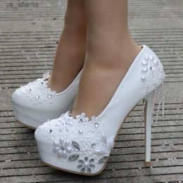 Dress Shoes Crystal Queen Single Rhinestone Women Pumps White Lace Flower Tassels High-Heeled Platform Pearl Wedding H240409
