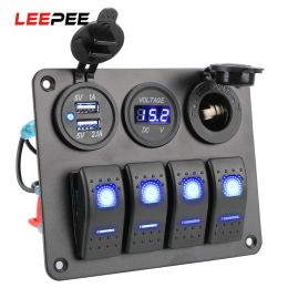 12/24V 4 Gang LED Rocker Switch Panel Boat Truck Car Lights Toggle Buttons Circuit Breaker USB Chargers Power Adapter Voltmeter