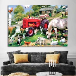 Funny Farmhouse Animals Canvas Painting Wall Art Cow Pig Donkey Friends Rustic Farm Animals Picture for Farm Bathroom Wall Decor