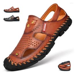 Sandals 2024 Men Genuine Leather Shoes Men's Durable Handmade Stitching Close Toe Non Slip For Indoor Outdoor Beach