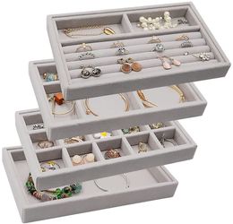 Jewelry Storage Box Velvet Jewellery Tray Case Earring Drawer Organizer Ring Display Bracelet Holder Necklace Showcase Stackable