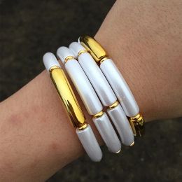 FishSheep Vintage Gold Colour Bamboo Stretchy Bracelets for Women Elastic Resin Tube Beads Cuff Bracelet Bangle Female Jewellery