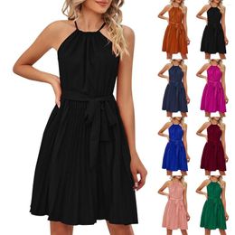 Casual Dresses Women's Halterneck Lace-Up Sleeveless Pleated Dress Youthful Temperament Party Sundress Comfortable Vestidos Midi