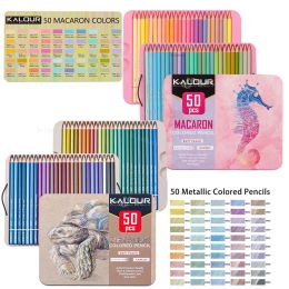 Pencils 50Pcs Metallic&Macaron Coloured Pencils Iron Gift Box Soft Painting Coloured Graffiti Pencils Drawing Artist Colouring Art Supplies