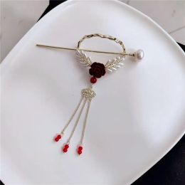 Elegant Vintage Sweet Rose Pearl Chain Tassel Hair Stick Female Hair Fork Headwear Chinese Style Hairpin