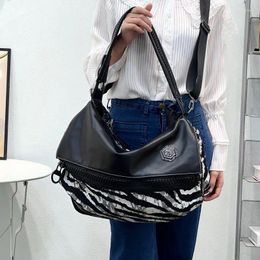 Shoulder Bags Fashionable Zebra Pattern Denim Leather Panel Contrast Color Large Capacity Bag Casual Fashion Versatile Women