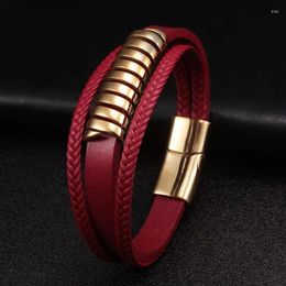 Link Bracelets Fashion Red Genuine Leather Men Women Trendy Stainless Steel Chain Cuff Charm Lucky Jewellery Gift