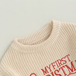 EWODOS Newborn Baby Girls Christmas Knit Sweater Round Neck Beige Long Sleeve Letter Print Pullover Knitwear Baby's Sweater