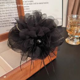 Korea Ostrich Feathers Hair Clip For Women Big Flower Hairpin Adult Black Hairclip Girls Large Claw Clip for thick hair Jewellery