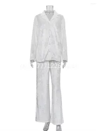 Stage Wear Fashion White Velvet Trousers Suit Elegant Lapel Long Sleeve Shirt Two-Piece Set Clacive Winter Loose Homewear