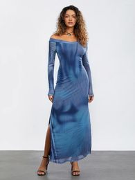 Casual Dresses Women Y2k Long Sleeve Dress 90s Vintage Off Shoulder Party Club Deep V Neck Tie Dye Print Split Bodycon