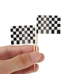 24/48pcs Racing Flag Toothpicks Chequered Flag Picks Appetiser Toothpicks Fruit Sticks for Cocktail Party - Black and White