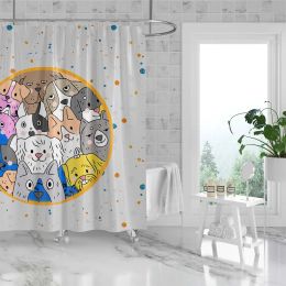 180x180cm bathroom waterproof polyester shower curtain, mold resistant, perforated with hooks, graffiti ink dots, cats, dogs