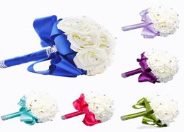 New Bridal Bouquet Wedding Decoration Artificial Bridesmaid Flower Crystal Silk Rose WF001 Royal Blue Mint White Green Lilac Cheap6636014