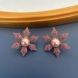 Stud Earrings Vintage Christmas Snowflake Gemstone Ichthyohime Flash Pink Diamond And Pearl