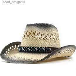 Wide Brim Hats Bucket Hats Simple Straw Hollow Western Cowboy Hat Women Men Handmade Fedora Sombrero Hombre Beach Cowgirl Jazz Sun Hat Y240409
