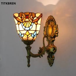 European Style Tiffany Butterfly Wall Lamp Baroque Stained Glass Lampshade Pyramid Art Bedside Lighting Study Aisle LED Fixture