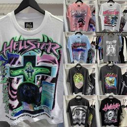 Hellstar Shirt Designer Mens Tshirt Rapper Washed Heavy Craft Short Sleeve Top High Street Retro Hell Womans t American Lettering Foil Print Geometric Pattern 9HYX