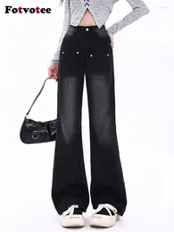 Women's Jeans Fotvotee High Waisted Women Baggy Pants Wide Leg Clothes Boyfriend Streetwear Y2k Black Full Length Pockets Straight Denim