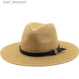 Wide Brim Hats Bucket Hats 10CM Brim Womens Summer Panama Hats Wide Brim Straw Sun Hat Beach Hat For Men Fashion UPF UV Protection Fedoras Cap For Travel Y240409