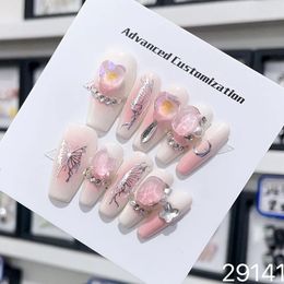 Handmade Y2k Fake Nails Pink French Luxury Reusable Adhesive False with Design Mediumlength Acrylic Full Cover Nail Tips 240328