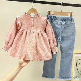 Clothing Sets ChildrenS Clothing 2022 Spring Autumn New Floral Cute Baby Shirt +Denim Bell Bottom Jeans Pants Casual Sweet Girls Clothes Suit