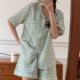 Home Clothing Alien Kitty Women Cotton Pajamas Plaid Two Piece Suits Short 2024 Stylish Soft Sleepwear Female Femme Chic Loose Sets