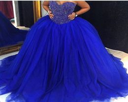 2020 New Cheap Royal Blue Puffy Tulle Ball Gown Wedding Dresses Bridal Gowns Sweetheart Crystal Beaded Plus Size Quinceanera Dress5792866