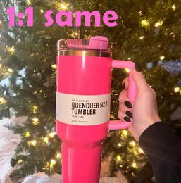 Mugs US STOCK PINK Parade Cosmo Pink Camelia 40oz Quencher H2.0 Mus Cups campin travel Car cup Tumblers Cups Silicone handle Valentine Day ift With Same L49